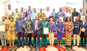 Zakaria Sulemana (3rd from left), Director-General, Commission for Technical and Vocational Education and Training, with Prof. Amevi Acakpovi (5th from left), Vice-Chancellor, Accra Technical University, and the award winners after the ceremony. Picture: ELVIS NII NOI DOWUONA 