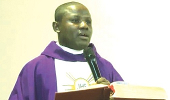 A section of participants listening to Rev. Fr Sixtus Evans Appiah Kyeremeh (inset),  Priest in charge of St. James Seminary and Senior High School, delivering the sermon 