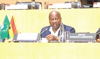 President John Dramani Mahama addressing the press conference at the 39th AU Summit in Addis Ababa, Ethiopia. With him are Samuel Okudzeto Ablakwa (left), Minister of Foreign Affairs, and Ms Wynne Musabayana (right), Director of Communication and Information at the AU