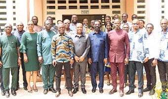 Kwabena Mintah Akandoh, Minister of Health, with the management and staff of the College of Health Sciences, University of Ghana. With him is Dr Alfred Oko Vanderpuije (5th from right), MP for Ablekuma South