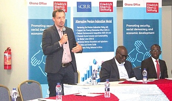 Martin Guettler, Country Representative, Friedrich Ebert Stiftung, addressing the stakeholders at the event. Looking on are Dr Frank Odoom (2nd from right), Advisory Board Chair, Africa Centre for Retirement Research, and Abdallah Mashud (right), research team lead, Africa Centre for Retirement Research. Picture: ERNEST KODZI 