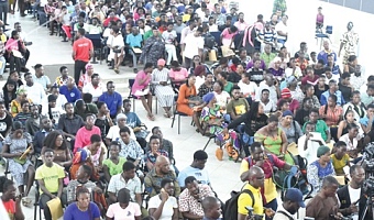 Some of the students and their parents with placement challenges at GNAT Hall in Accra. Picture: SAMUEL TEI ADANO