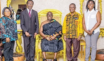 Prof. Samuel K. Afrane (2nd from left), Vice-Chancellor, CSU; Andrews K. Doku (2nd from right), Registrar, and other senior officials of the university with Akyamfour Asafo Boakye Agyemang-Bonsu (middle), Asafohene, at his palace