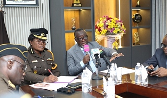 Justice Paul Baffoe-Bonnie (right), the Chief Justice, speaking at the meeting during his visit. On his right is Patience Baffo-Bonnie, Director-General, Ghana Prisons Service.  Picture: BENEDICT OBUOBI