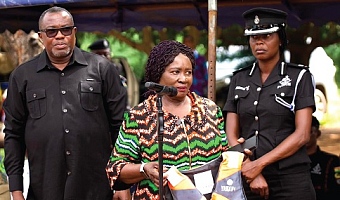 Vice-President Prof. Naana Jane Opoku-Agyemang presenting life jackets and some relief items to the community 