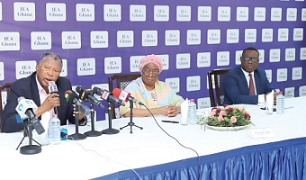 Dr Charles Mensa (left), Board Chair, IEA, explaining a point during the media briefing. With him are Justice Sophia Akuffo (middle), Distinguished Fellow, IEA, and Dr Eric Oduro Osae (right), Senior Fellow, Institute of Economic Affairs.  Picture: EDNA SALVO KOTEY 