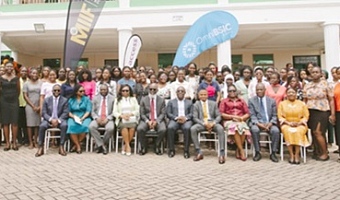 Yakubu Mohammed (seated 4th from right), MP for Ahafo Ano South East, Prof Richard Amankwah (seated 5th from right), Vice-Chancellor, UMaT, Issah Taylor (seated 5th from left), MP for Tarkwa Nsuaem,  Theresa Gyasi-Antwi (seated right), Chairperson, WoMCom, other dignitaries and the student award recipients after the presentation ceremony