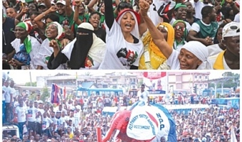 NDC supporters chanting party slogans at a political gathering, Supporters of the NPP at a political rally