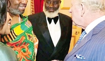 King Tackie Teiko Tsuru II (2nd from left), the Ga Mantse, in a handshake with King Charles III at the Commonwealth Day celebrations in London. With them include Shirley Ayorkor Botchwey, Secretary-General, Commonwealth of Nations