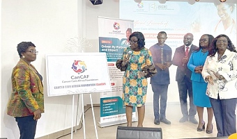 Naomi Oyoe Ohene Oti (left), Executive Director, CanCaF, Dr Hannah Naa Gogwe Ayettey (2nd from left), Consultant Oncologist, Korle Bu Teaching Hospital, and some dignitaries after launching the initiative 