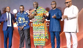 Nana Ansah Sasraku III (middle), Board Chair of SSNIT, launching the Telehealth Service. With him are Kwesi Afreh Biney (2nd from right), Director-General of SSNIT; Dr Henry Shirazu Alhassan (right), Supervising Director of The Trust Hospital; Stephen Boakye (2nd from left), General Secretary of NPA, and Dr Victor Asare Bampoe (left), CEO of NHIA