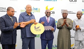 Prof Joshua Alabi (2nd from left), Board Chairman, GCB Bank PLC, handing over symbolically to Alhaji Osman Inusah (middle), CEO of Timeline and Innovations Company Limited, after the commissioning ceremony. Looking on is Alhassan Sayibu Suhuyini (2nd from right), Deputy Minister of Roads and Highways. Picture: ELVIS NII NOI DOWUONA 