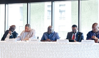 Julius Debrah (middle), Chief of Staff, with Dr Johnson Asiama (2nd from right), Governor, BoG; Goosie Tanoh (2nd from left), Presidential Advisor on the 24-Hour Economy policy, and Dr Nii Moi Thompson (right), Chairperson, NDPC, at the inaugural workshop