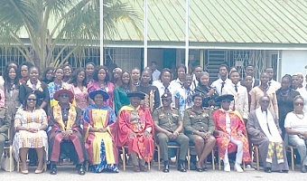 Air Marshal Dr Felix Adom Asante (4th from left), President, National Defence University; Prof. Rosemary Aboagye Boohene (5th from left), former Pro Vice-Chancellor of UCC; Major Bright Attah Addae (4th from right), Principal of the college, and some students at the matriculation ceremony