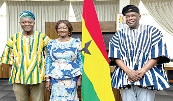 Prof. Naana Jane Opoku-Agyemang (middle), Vice-President;  Kwame Governs Agbodza (right), Minister of Roads and Highways, and Alhassan Sayibu Suhuyini (left), Deputy Minister of Roads and Highways