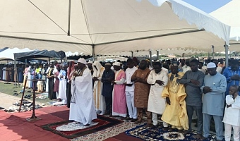 Sheikh Ahmed Hussein Metropolitan Chief Imam of Tema leading the worship at the Tema Sports Stadium.