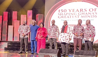 Professor Naana Jane Opoku Agyemang (3rd from left), Vice-President, after launching the Mfantsipim @ 150 anniversary celebration. With her are Haruna Iddrisu (middle), Minister of Education; Moses Kwesi Baiden Jnr (2nd from right), Ebusuapanyin of Mfantsipim Old Boys Association; Sir Sam Jonah (2nd from left), Nana Sam Brew Butler (3rd from right) and Captain John Yamoah (left), Chairman of the 150th anniversary committee. Picture: BENEDICT OBUOBI