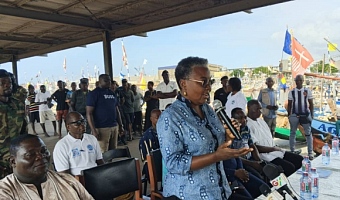 Ms Emelia Arthur, Minister for Fisheries and Aquaculture speaking to the fishers and other stakeholders