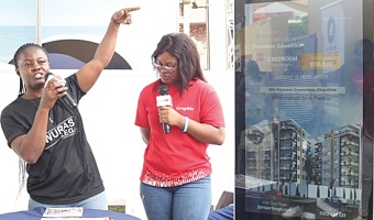 A representative of JL Properties explaining issues to Abena Arhin, a Daily Graphic Correspondent
