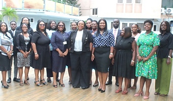 Kate Addo (middle), Coordinating Director, Public Affairs Subdivision; Supt. (Rtd) Effia Tenge (4th from right), Director of the Public Engagement Department; Rosemary Arthur Sarkodie (4th from left), Deputy Clerk in charge of Information Management Services; and Hannah A. Amoah (3rd from left), Editor, Junior Graphic, with staff of the Public Engagement Department and Junior Graphic. Picture after the workshop: ESTHER ADJORKOR ADJEI