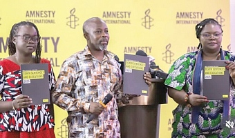 Francis Nyantakyi (middle), Board Chair of Amnesty International Ghana; Charity Batuure, Vice Chair, Amnesty International Ghana (right), and Hannah Osei, acting Country Director, AI-Ghana, launching the report