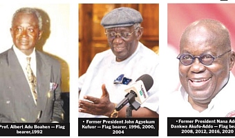 Prof. Albert Adu Boahen — Flag bearer,1992, Former President John Agyekum Kufuor — Flag bearer, 1996, 2000, 2004, Former President Nana Addo Dankwa Akufo-Addo — Flag bearer, 2008, 2012, 2016, 2020 