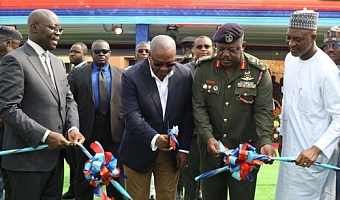 President John Dramani Mahama (2nd from left) cutting the ribbon to commission vehicles for the Ghana Armed Forces. Helping him are Dr Cassiel Ato Forson (left), acting Defence Minister, Lt Gen. William Agyapong (2nd from right), CDS, and Muntaka Mohammed-Mubarak (right), Interior Minister. Picture: BENEDICT OBUOBI