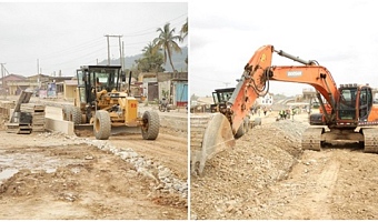 Contractors fixing the Accra-Nsawam road Pictures: CALEB VANDERPUYE