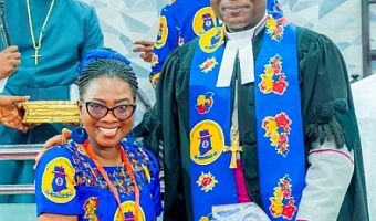 Most Rev. Prof. Johnson Kwabena Asamoah-Gyadu (right), Presiding Bishop, Methodist Church Ghana, presenting the award to Augustina Tawiah