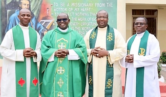 Rev. Fr James Owusu Yeboah (2nd from left), Provincial Superior; Rev. Fr Jean de Dieu Ahorloo (2nd from right), Vice Provincial Superior; Rev. Fr David Agbevanoo (right), First Provincial Councillor, and Rev. Fr Kouamé René Dan Yao (left), 2nd Provincial Councilor, all members of the new Provincial Council of the SMA Ghana Province