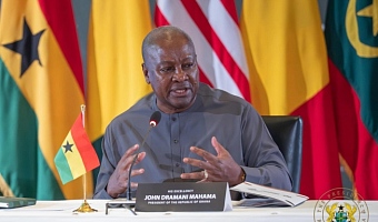President John Mahama (6th from right) flanked by Joseph Nyuma Boakai (5th from right), President of the Republic of Liberia, and Julius Maada Bio (7th from left), President of the Republic of Sierra Leone, with other dignitaries after the event