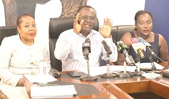 Joseph Osei Owusu (2nd from left), Chairman of the Presidential Election Committee, addressing a press conference in Accra. With him are Barbara Benisa (left) and Afua Gyekyewaa (right), members of  the committee.