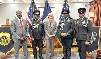 Christian T. Yohuno (2nd from left) IGP, with Commissioner Jessica Tisch (middle). With them are COP Michael N. Frempong (2nd from right), Abass Golfrey (left), FBI Attaché, and ASP Sarah Marfo (right)