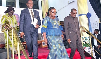 Alban Bagbin (right), Speaker of Parliament; Prof. Nana Aba Appiah Amfo (2nd from right), Vice-Chancellor, UG; Alex Apau Dadey (2nd from left), Chairman, KGL Group, and Doris Kisiwa Ansah (left), Chairperson, UG Alumni Association, exiting the hall in a procession after the lecture. Picture: ERNEST KODZI