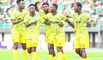 •Players of Bibiani Gold celebrating their winning goal