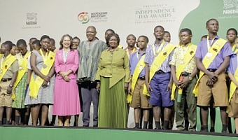 Prof. Naana Jane Opoku-Agyemang (6th from right), Vice-President, with Dr Clement Abas Apaak (7th from right), Deputy Minister of Education; Salomé Azevedo (5th from left), Managing Director of Nestlé Ghana Ltd, and the awardees. Picture: ELVIS NII NOI DOWUONA 