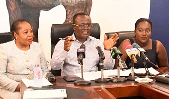 Joseph Osei Owusu (2nd from left), Chairman of the Presidential Election Committee, addressing a press conference in Accra. With him are Barbara Benisa (left) and Afua Gyekyewaa (right), members of  the committee. Picture: SAMUEL TEI ADANO