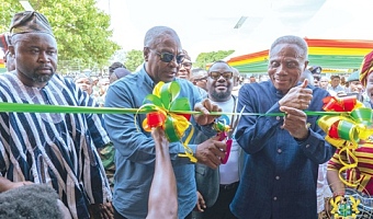 President John Dramani Mahama (2nd from left) cutting the tape to inaugurate the Yamoransa Model ICT Centre at Damongo