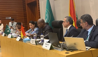 President John Dramani Mahama addressing the press conference at the 39th AU Summit in Addis Ababa, Ethiopia. With him are Samuel Okudzeto Ablakwa (left), Minister of Foreign Affairs, and Ms Wynne Musabayana (right), Director of Communication and Information at the AU