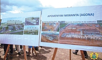 Pictures of the current state of the Western Regional Hospital project and an artistic impression (left) of the project when completed 