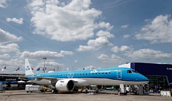 A KLM Embraer E195-E2 aircraft is displayed at the 55th International Paris Airshow at Le Bourget Airport near Paris, France, June 16, 2025