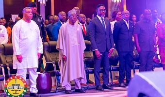 Rt Hon. Alban Sumana Kingsford Bagbin (6th from left), Speaker of Parliament, with Kwame Asare Obeng (5th from right), Member of Parliament for Gomoa Central; Obrempong Nyamful Kranpah XI (5th from left), Paramount Chief of the Gomoa Ajumako Traditional Area; Goosie Tanoh (right), Presidential Advisor on 24-Hour Economy, and some dignitaries after the ceremony. Picture: ELVIS NII NOI DOWUONA 