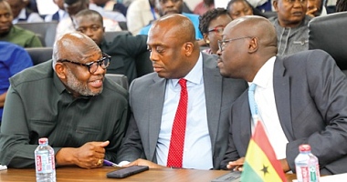 Dr Cassiel Ato Baah Forson (right), Minister of Finance, interacting with Dr Randy Abbey (left), Chief Executive Officer, Ghana Cocoa Board, and Thomas Nyarko Ampem (right), Deputy Minister of Finance. Picture: ELVIS NII NOI DOWUONA 