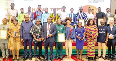 Zakaria Sulemana (3rd from left), Director-General, Commission for Technical and Vocational Education and Training, with Prof. Amevi Acakpovi (5th from left), Vice-Chancellor, Accra Technical University, and the award winners after the ceremony. Picture: ELVIS NII NOI DOWUONA 