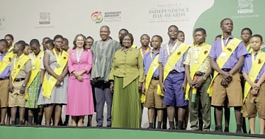 Prof. Naana Jane Opoku-Agyemang (6th from right), Vice-President, with Dr Clement Abas Apaak (7th from right), Deputy Minister of Education; Salomé Azevedo (5th from left), Managing Director of Nestlé Ghana Ltd, and the awardees. Picture: ELVIS NII NOI DOWUONA 