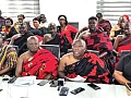 Dr Nana Adarkwah Bediako III (2nd from right), Gyasehene of Apinto Divisional Council, addressing the press. With him are members of the traditional council