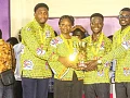 Members of the University of Cape Coast team celebrating with the trophy after winning the Tertiary Business Sense Challenge.  Picture: Caleb Vanderpuye