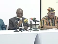Dr Cassiel Ato Forson (2nd from left), Minister of Finance, speaking at the signing of the agreement between government and Organised Labour. Those with him are Dr George Smith-Graham (3rd from right), Chief Executive Officer, FWSC; Joshua Ansah (left), Secretary General, TUC and Thomas Musah (2nd from right), General Secretary, GNAT