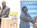 Clement Atagra (right), Marketing & Corporate Communications Manager, assisted by Priscilla Larteh (2nd from right), Deborah Obeng Amoakoh (3rd from right), all of Ernest Chemists Limited, presenting the drugs to Yvonne Dasoberi (left), Assistant Corporate Communications Officer, GCGL. Pictures: ESTHER ADJORKOR ADJEI, Mitesh N. Varia (right), Director of M & G Pharmaceuticals Ltd, handing over the drugs to Yvonne Dasoberi, Assistant Corporate Communications Officer at GCGL