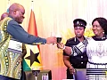Vice-President Naana Jane Opoku-Agyemang (right) and Brice Clotaire Oligui Nguema, President of Gabon, proposing a toast at the dinner